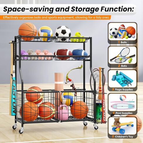 منظم المعدات الرياضية من TOOLF Garage مع حامل كروي وسلة، عربة تخزين للتمارين الرياضية شديدة التحمل لمعدات الصالة الرياضية، منظمات ألعاب خارجية، أسود in Kuwait