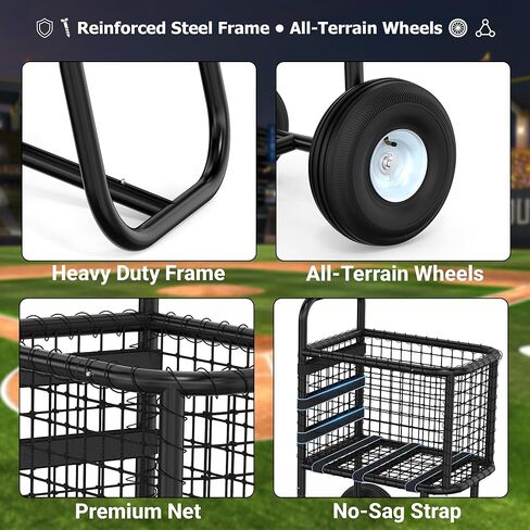 MOOFI Heavy-Duty Baseball Cart with 10.5" All-Terrain Wheels, Holds Upto 350 Baseballs,450 Tennis Ball or 200 Softballs-Large Capacity Ball Transport Cart for Training,Game Day&Fields in Kuwait