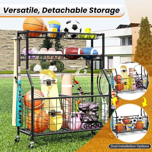 منظم المعدات الرياضية من TOOLF Garage مع حامل كروي وسلة، عربة تخزين للتمارين الرياضية شديدة التحمل لمعدات الصالة الرياضية، منظمات ألعاب خارجية، أسود in Kuwait