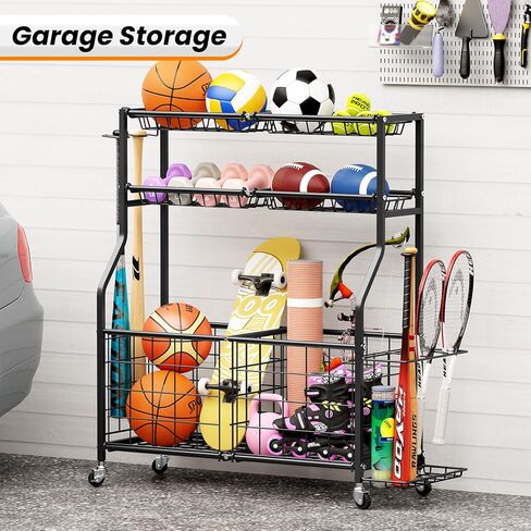 منظم المعدات الرياضية من TOOLF Garage مع حامل كروي وسلة، عربة تخزين للتمارين الرياضية شديدة التحمل لمعدات الصالة الرياضية، منظمات ألعاب خارجية، أسود in Kuwait