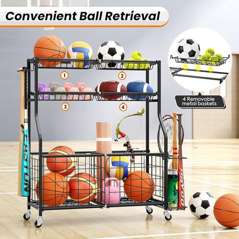 منظم المعدات الرياضية من TOOLF Garage مع حامل كروي وسلة، عربة تخزين للتمارين الرياضية شديدة التحمل لمعدات الصالة الرياضية، منظمات ألعاب خارجية، أسود in Kuwait