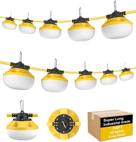 100FT LED سلسلة أضواء البناء، 100W 10000LM أضواء العمل المؤقتة الصف الصناعية مع 10 لمبات، قابلة للربط 5000K إضاءة مقاومة للطقس فائقة السطوع لموقع البناء، موقع العمل، والاستخدام في الهواء الطلق in Kuwait