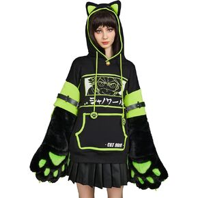 Women's Miraculous Cat Noir Pullover Hoodie Detachable Furry Cat Paw Gloves Handbag Hooded Sweatshirt