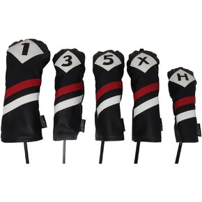 Majek Retro Golf Headcovers Black Red and White Vintage Leather Style 1 3 5 X H Driver Fairway and Hybrid Head Covers Fits 460cc Drivers Classic Look