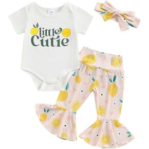 Newborn Baby Girls Summer Outfit Short Sleeve Little Cutie Bodysuit Top and Lemon Flared Pants 3pcs Clothes Set
