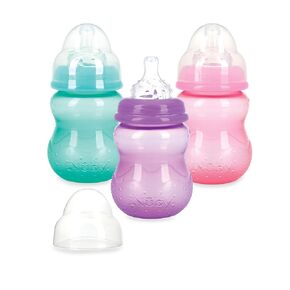 Nuby Wide Neck Non-Drip Bottle - Baby Bottles with Anti-Colic Vari-Flo Valve - (3-Pack) 8 oz - 0+ Months - Yellow, Blue, Green