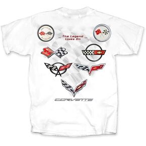 Corvette - Legend Lives On - All Year Corvette Logo T-shirt : White C1,C2,C3,C4,C5,C6,C7, 1953-2018