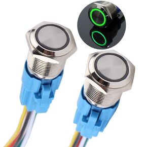 2PCS 16MM Momentary Push Button Switch 12V-24V Ring Led 1NO 1NC Self-Reset ON/Off Metal Round Waterproof 5/8’’ Mounting Hole with Wire Socket(IP66,Green Led)