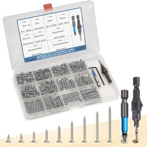 440PCS Flat Head Phillips Wood Screws Assortment Kit, Carbon Steel Self-Tapping Screw with Adjustable Wood Countersink (CSQ235 M3)