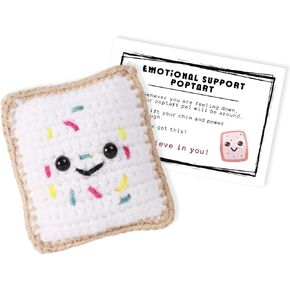 Emotional Support Pop Tart, Handmade Funny Positive Food Crochet Toy with Inspirational Card Knitted Knitting Toast Doll Cute Cheer up Tart Gift Reduce Pressure for Women Men Decoration (White)