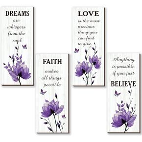 DONFENTHY 4 Pcs Black Bathroom Decor Black Wall Decor With Flower Dreams Faith Love Believe Positive Quotes Wooden Rustic Black and White Bathroom Accessories for Home Bedroom Living Room(Black10X4)