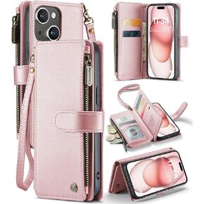 CaseMe for iPhone 15 Wallet Case with Card Holder, Phone Case for iPhone 15 with RFID Blocking for Women Men, Durable Kickstand Zipper Shockproof Case for iPhone 15, Black