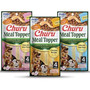 INABA Churu Meal Topper for Dogs, Complete & Balanced, Creamy, Lickable Purée Dog Food Topper, 0.5 Ounce Tube, 12 Tubes (4 per Pack), 3 Flavor Variety