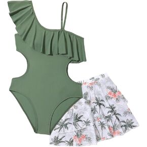 MakeMeChic Girl's One Piece Swimsuit Tropical Cut Out Ruffle Trim Bathing Suit Bikini Set with Cover Up Skirt
