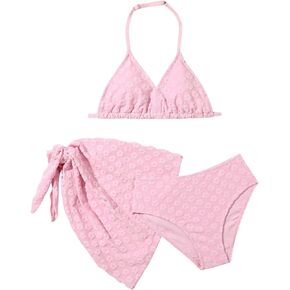 SHENHE Girl's 3 Piece Cute Halter Triangle Bikini Swimsuit with Beach Cover Up