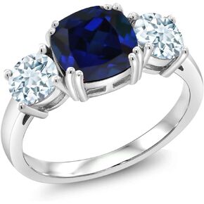 Gem Stone King 925 Sterling Silver Blue Created Sapphire and Sky Blue Aquamarine 3 Stone Engagement Ring For Women | 3.50 Cttw | Cushion 8MM | Available in Size 5,6,7,8,9