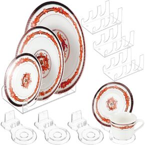 8 Pcs Acrylic Dinnerware Display Stand 4 Pcs 3 Tiers Plate Display Stand Clear China Platters Setting Holder and 4 Pcs Tea Cup Saucer Stand for Kitchenware Utensils Tableware Display Organizer
