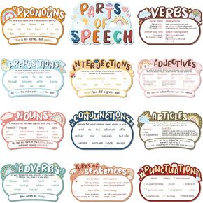 Pasimy 12 Pieces Parts of Speech Posters English Grammar Chart Language Art Bulletin Board Decor for Elementary Middle High School Teacher Educational Classroom Decoration Supplies (Groovy)