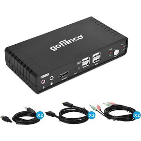 gofanco Dual Monitor HDMI 2.0 KVM Switch (2 Port) – 2x HDMI Extended Display, 4K 60Hz 4:4:4, HDCP 2.2, [HDMI or DisplayPort Input] Keyboard & Mouse Switcher with USB 2.0 Hub and Audio, Cables Included