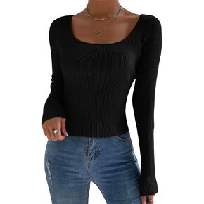 Verdusa Women's Long Sleeve Scoop Neck Slim Fitted Sweaters Pullover Tops Black Large