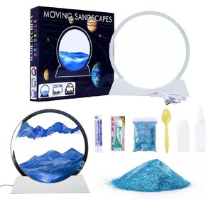 OLHKYN DIY Moving Sand Art Picture in Motion Kit,Round Glass 3D Deep Sea Landscape, Dynamic Sand Art Sandscapes, Relaxing Decor Craft Kit for Kids Adults(Blue,7inch)