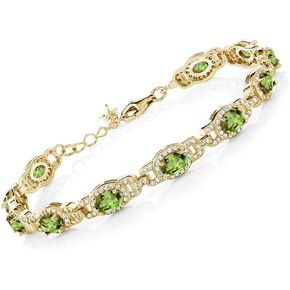 Gem Stone King 18K Yellow Gold Plated Silver Green Peridot Tennis Bracelet For Women (9.10 Cttw, Gemstone Birthstone, Oval 6X4MM, 7 Inch With 1 Inch Extender)