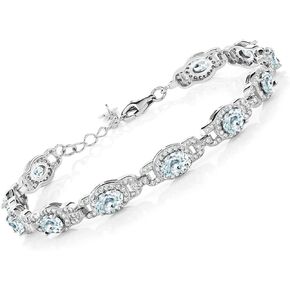 Gem Stone King Sky Blue Aquamarine 925 Sterling Silver Tennis Bracelet For Women (9.10 Cttw, March Gemstone Birthstone, Oval 6X4MM, 7 Inch With 1 Inch Extender)