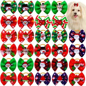 20pcs/Pack Dog Hair Bows for Christmas with Rubber Bands Dog Bows Bowknot Snowman Snowflakes Christmas Dog Bows Snowman Dog Topknot Bows Pet Grooming Products