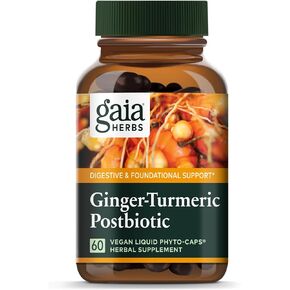 Gaia Herbs Ginger-Turmeric Postbiotic - مكمل ممتاز لدعم الجهاز الهضمي لصحة الأمعاء - مصنوع من الكركم والزنجبيل المخمر - خالي من منتجات الألبان وفول الصويا والغلوتين - 60 كبسولة نباتية (30 حصة)