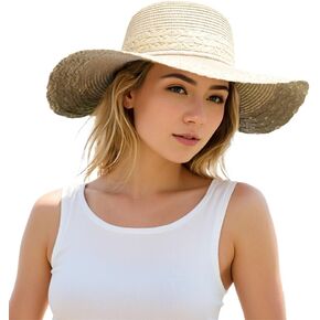 Womens Sun Straw hat Wide Brim UPF 50+ Packable Foldable Summer Beach hat for Women with Wind Lanyard
