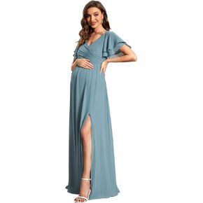 Ever-Pretty Women's Chiffon V Neck Short Sleeves Pleated Slit A Line Floor-Length Maternity Party Dress 01862-EY