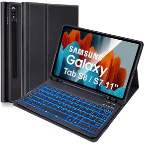 LAMA 7 Colors Backlit Keyboard Case for Samsung Galaxy Tab A9 Plus/A9+ 11 Inch 2023 Model(SM-X210/X216/X218), Slim Stand Cover with Magnetically Detachable Wireless Bluetooth Keyboard, Dark Black
