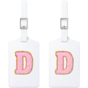 Sodsay 2 PCS Initial Luggage Tag, Luggage Tags for Suitcases Cute Embroidered Letter PU Leather Travel Bag Baggage Tags Privacy Cover ID Label for Women Kids Teens Men(A, White Leather+Pink Letter)