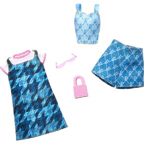 Barbie Fashion 2-Pack, Blue Denim Dress, Top, and Shorts, Pink Sunglasses and Purse