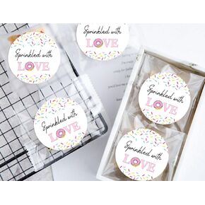 Set of 120 Pink Donut Sprinkled with Love Stickers - Perfect for Baby Sprinkle Thank Yous, Baby Showers, and More - Fun Circular Labels with Colorful Donut Sprinkles 1.6 inch Round.