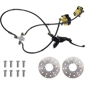 PRO BAT Front Hydraulic Twin Disc Brake Calipers Assembly with 4 Stud Disc Brake Plates for 50cc 70cc 90cc 110cc 125cc Chinese UTV ATV 4 Wheeler Quad Go Kart Golf Cart Buggy, Golden