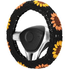 Crochet Steering Wheel Cover Set,Cute Car Steering Wheel Cover Boho 14-15 in,Handmade Black Sunflower Granny Square Pattern Car Decor for Women,Hippie Car Accessories (A Wheel Cover)