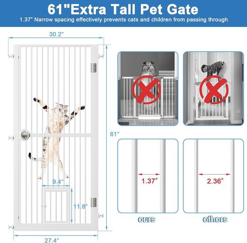 61" Extra Tall Pet Gate for Doorway, 30.2"-32.6" Adjustable Wide Dog Door and Cat Door, 1.37" Gap for Pet Gates, Suitable for Doorways or Kitchen, No Drilling Pressure Mount Kit, White in Saudi Arabia