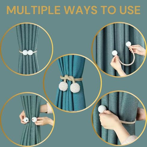 4pcs Magnetic Curtain Tiebacks - Tie Backs for Curtains 2 Pack - Tiebacks for Drapes or Curtains - Magnetic Curtain Clips - Curtain Magnets Closure (Gold White) in Saudi Arabia