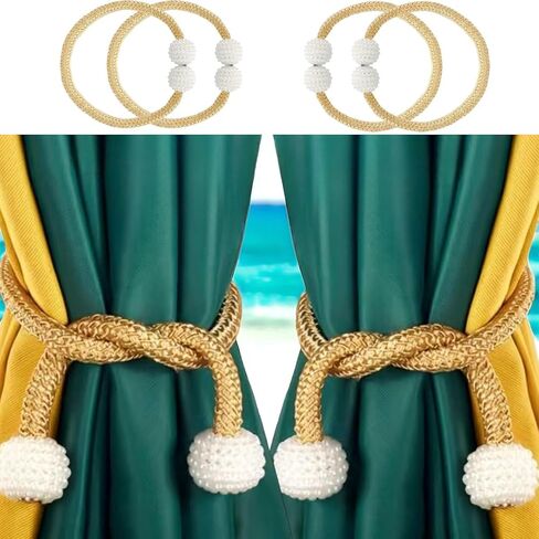4pcs Magnetic Curtain Tiebacks - Tie Backs for Curtains 2 Pack - Tiebacks for Drapes or Curtains - Magnetic Curtain Clips - Curtain Magnets Closure (Gold White) in Saudi Arabia