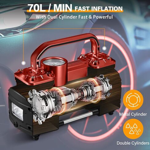 GSPSCN Silver Dual Cylinder 12V Air Compressor Pump for Car, Heavy Duty Portable Tire Inflator 150PSI with LED Work Lights for Auto,Truck,SUV, RV,Balls etc in Kuwait