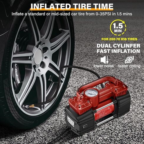 GSPSCN Silver Dual Cylinder 12V Air Compressor Pump for Car, Heavy Duty Portable Tire Inflator 150PSI with LED Work Lights for Auto,Truck,SUV, RV,Balls etc in Kuwait