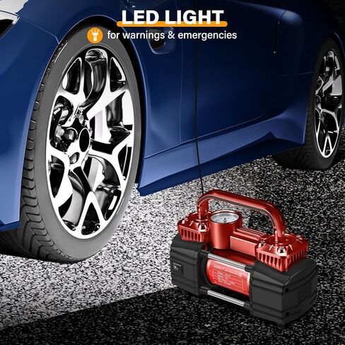 GSPSCN Silver Dual Cylinder 12V Air Compressor Pump for Car, Heavy Duty Portable Tire Inflator 150PSI with LED Work Lights for Auto,Truck,SUV, RV,Balls etc in Kuwait