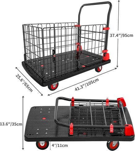 YITAHOME Platform Truck Cart with Cage, 36 x 24 in 1000LBS Capacity Folding Cart with Wheels,Heavy Duty Hand Moving Cart,Foldable Dolly Cart with Basket for Warehouse Luggage Moving in Saudi Arabia