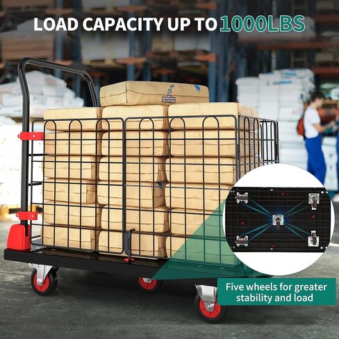 YITAHOME Platform Truck Cart with Cage, 36 x 24 in 1000LBS Capacity Folding Cart with Wheels,Heavy Duty Hand Moving Cart,Foldable Dolly Cart with Basket for Warehouse Luggage Moving in Saudi Arabia