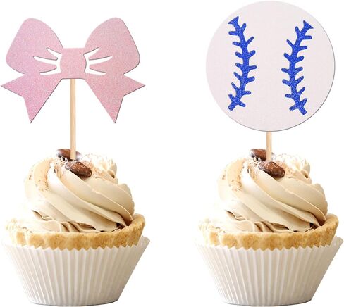 24 PCS Baseballs or Bows Cupcake Toppers Glitter Gender Reveal Cupcake Picks for Boy or Girl Theme Baby Shower Boys Girls Birthday Party Cake Decorations Supplies in Saudi Arabia