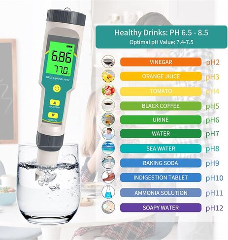 5 في 1 مقياس درجة الحموضة وTDS، جهاز اختبار درجة الحموضة الرقمي للمياه، درجة الحموضة/TDS/EC/الملوحة/درجة الحرارة، جهاز قياس المياه PPM للشرب المنزلي وحمام السباحة وحوض السمك، مع ATC، دقة 0.01 in Kuwait