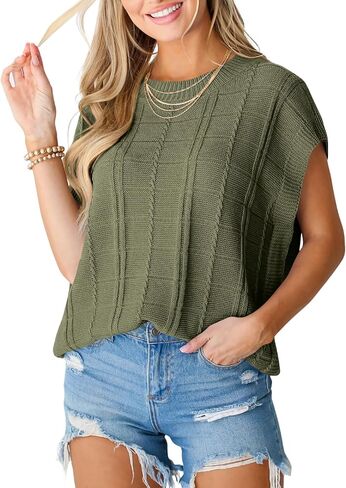 سترة نسائية من Langwyqu ذات أكمام قصيرة بدون أكمام صيفية كبيرة الحجم بدون أكمام ورقبة دائرية كاجوال سترة محبوكة بالكابل in Kuwait