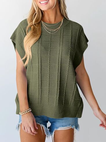 سترة نسائية من Langwyqu ذات أكمام قصيرة بدون أكمام صيفية كبيرة الحجم بدون أكمام ورقبة دائرية كاجوال سترة محبوكة بالكابل in Kuwait