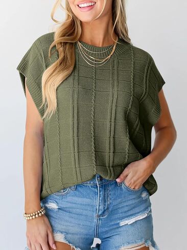 سترة نسائية من Langwyqu ذات أكمام قصيرة بدون أكمام صيفية كبيرة الحجم بدون أكمام ورقبة دائرية كاجوال سترة محبوكة بالكابل in Kuwait